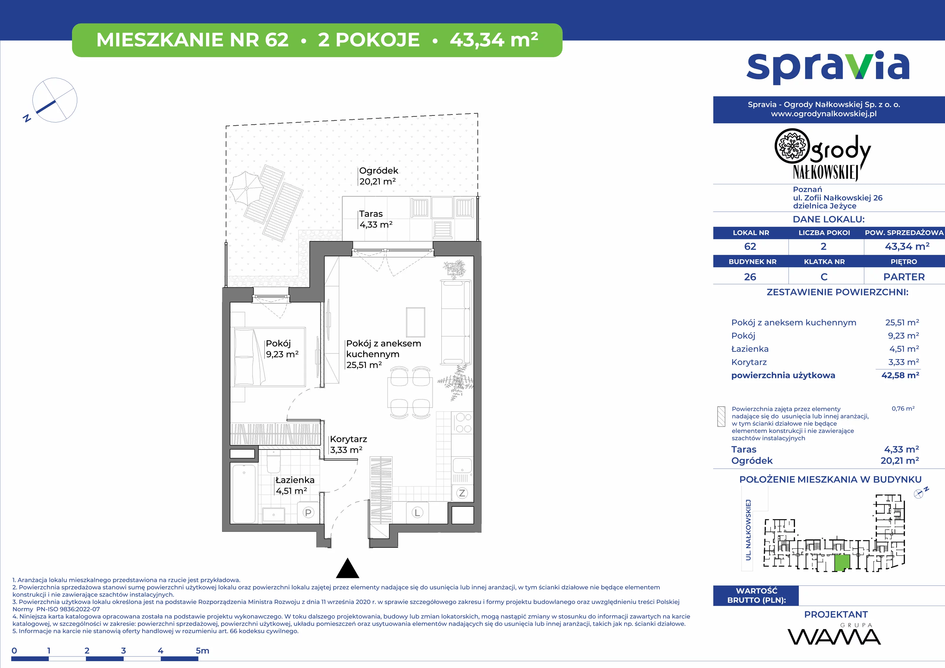 2 pokoje, mieszkanie 43,34 m², parter, oferta nr 26-62, Ogrody Nałkowskiej, Poznań, Ogrody, ul. Nałkowskiej 24, 26